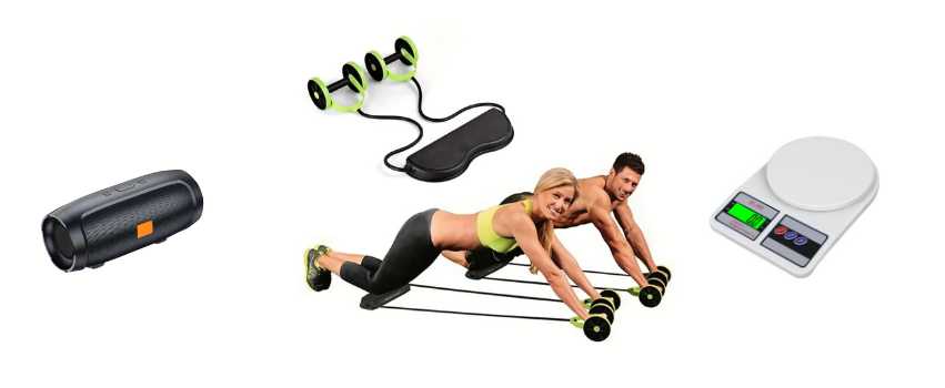 Combo Fitness: Rueda de ejercicios + Balanza de Alimentos +  Bocina CHARGE-MINI3.